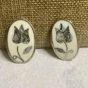Vintage 1960s Abalone Floral Inlay Earrings